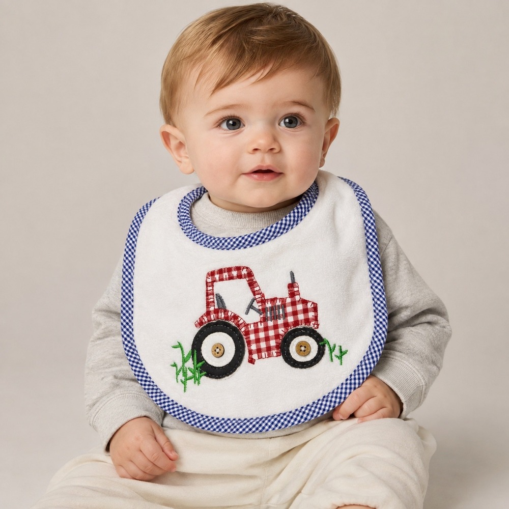 Mud Pie Baby Boy Red Gingham Tractor Bib Blue White Gingham Trim Minky Dot Back